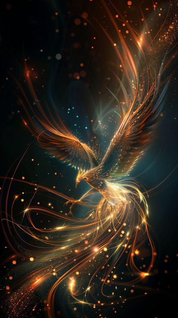 A glowing phoenix rising, adorned with shimmering golden and orange sparks against a dark background, creating a magical and ethereal effect.